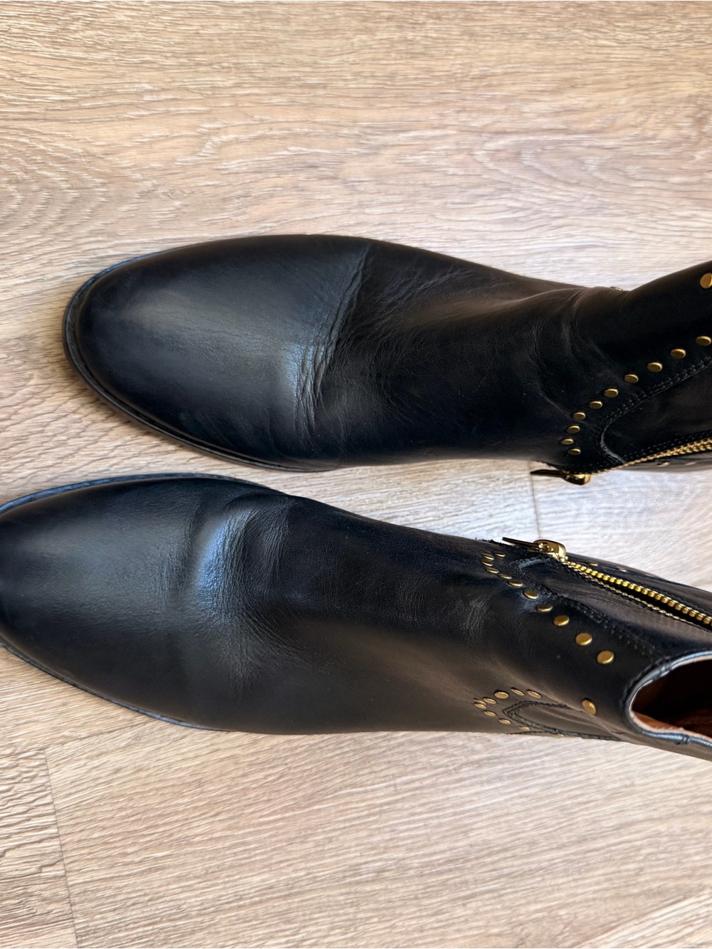 Coach Black Leather Ankle Boots with Gold Stud Accents - Picture 4 of 14
